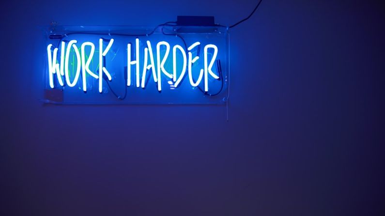 Fitness Startups - blue Work Harder neon signage