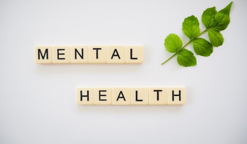 Mental Health - the word mental health spelled with scrabbles next to a green leaf